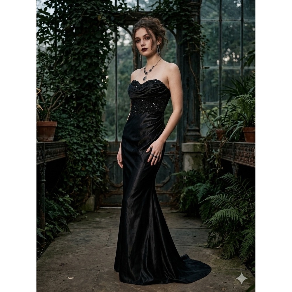 Windsor Black Satin Strapless Lace Sequin Mermaid Gown L Whimsygoth